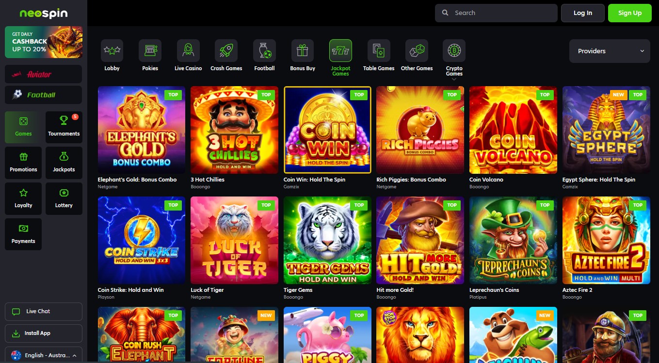 Jackpot pokies at Neospin Casino