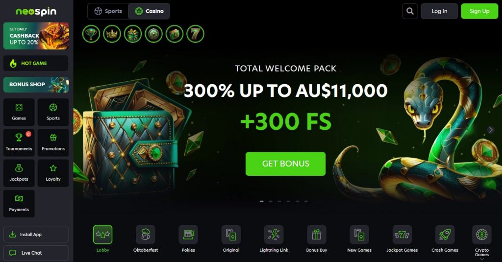 Neospin Casino Australia homepage showing pokies games and welcome bonus offers