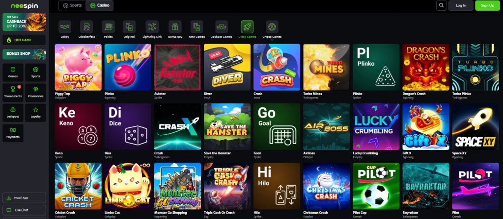 Neospin crash games section showing multiplier betting and instant cashouts