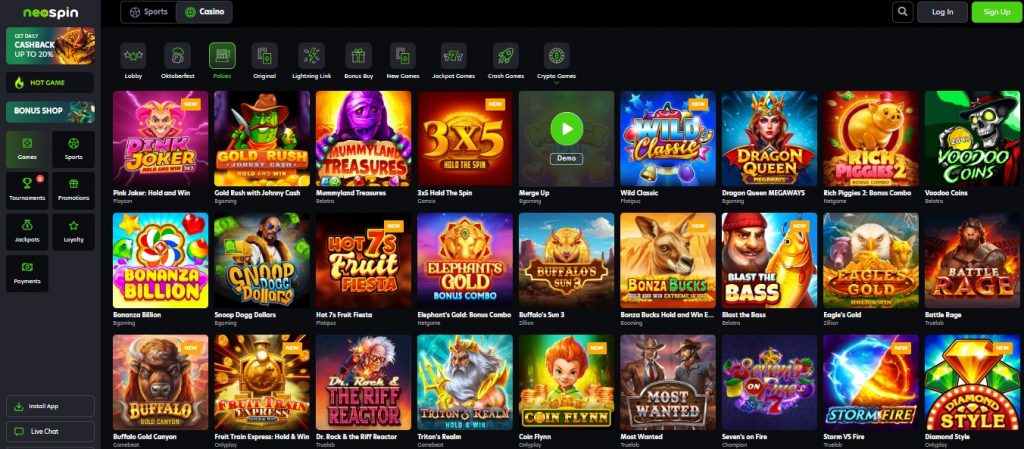 Neospin Casino pokies page showing 3000+ slot games for Australian players